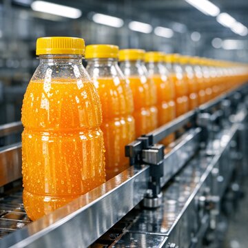 Industrial production line of orange mango juice bottles, conveyor belt