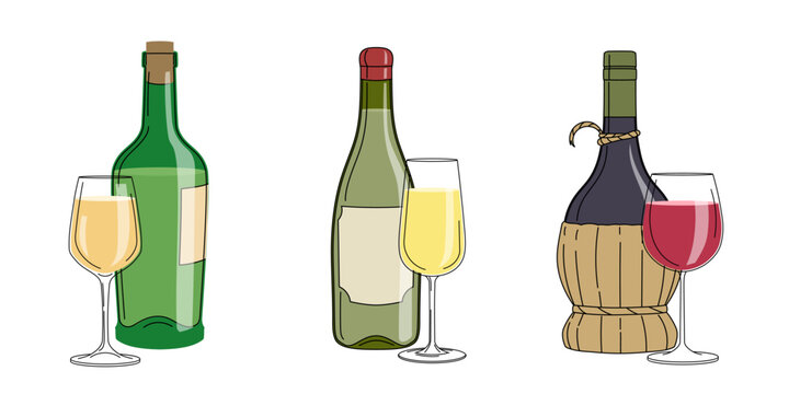 Set of red and white wine with glasses. Alcoholic drinks in flat minimalistic style for poster, bar menu, print designs. Vector illustrations.