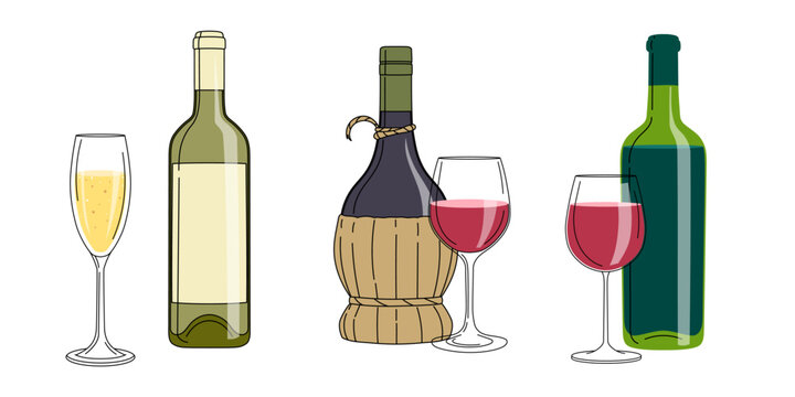 Set of red and white wine with glasses. Alcoholic drinks in flat minimalistic style for poster, bar menu, print designs. Vector illustrations.