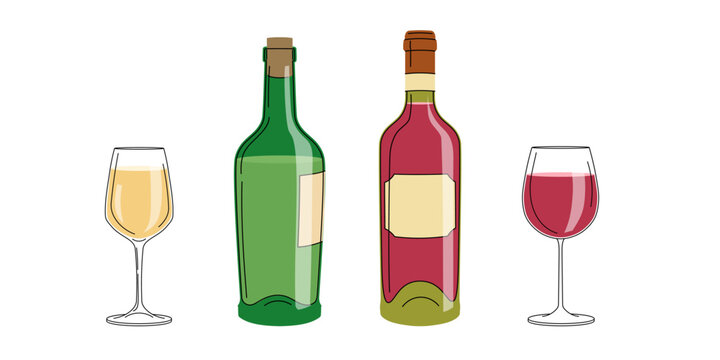 Set of red and white wine with glasses. Alcoholic drinks in flat minimalistic style for poster, bar menu, print designs. Vector illustrations.