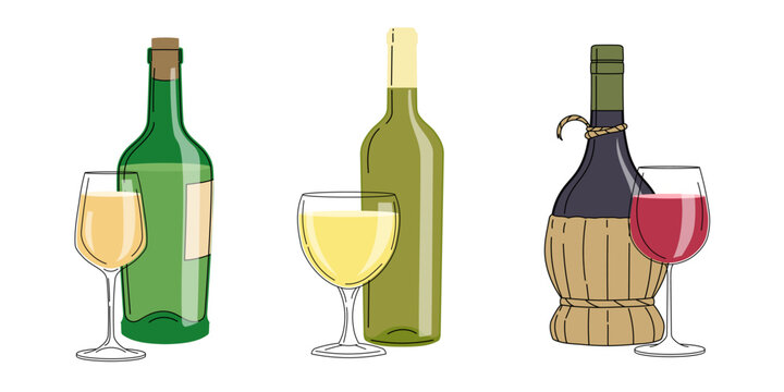 Set of red and white wine with glasses. Alcoholic drinks in flat minimalistic style for poster, bar menu, print designs. Vector illustrations.