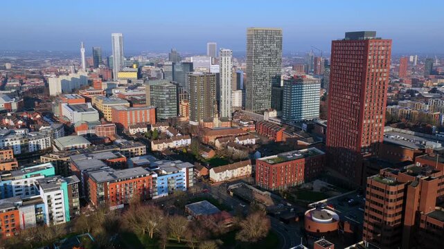 Aerial video of Five Ways junction and The Mercian at golden hour in Birmingham UK.