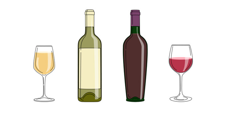 Set of red and white wine with glasses. Alcoholic drinks in flat minimalistic style for poster, bar menu, print designs. Vector illustrations.