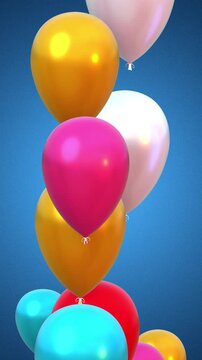 Happy birthday congratulation video with multi-colored balloons flying up and confetti falling down. Anniversary celebration loop animation