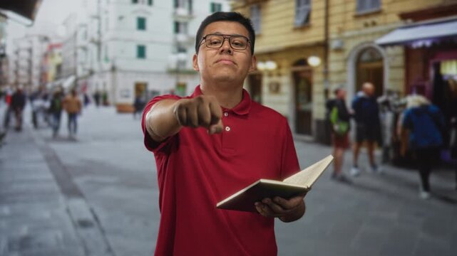 Man in red polo shirt wearing glasses holds open book and points finger to book on street among city shops; confidence teaching.