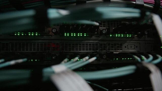 Macro close up shot of blinking LED lights and connected ethernet cables on network switch in data center rack
