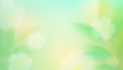 Obraz premium Pastel turquoise‑green gradient background with abstract leaf blur effect, soft summer sunlight, blurry white floral elements and natural botanical vector illustration