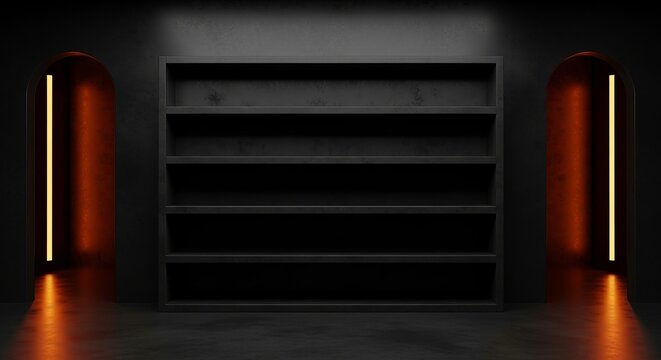 An empty black minimalist display shelf unit with multiple horizontal compartments provides versatile, modern storage and design opportunities