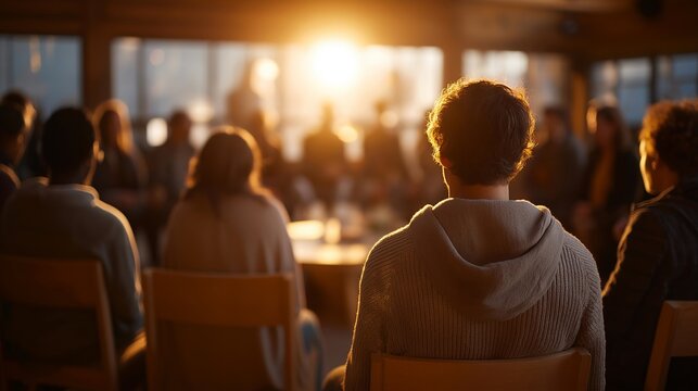 Peer support facilitator opening veteran group session in circle of chairs at VFW hall, welcoming atmosphere established, coffee station prepared, safe space created, introductions beginning, ideal