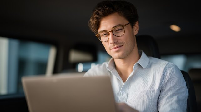 Young father working on laptop in minivan parked at soccer field, bootstrapped business between family obligations, perfect for mobile office, parenting entrepreneurship, and contemporary work