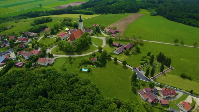 Aerial view of the church Wallfahrtskirche Heilige Dreifaltigkeit &ndash; Eichlberg (Hemau) in Germany, Bavaria on a sunny day day in Spring