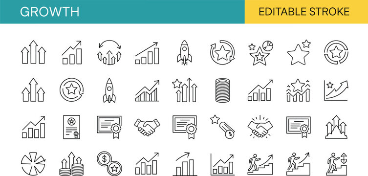 Business growth and success editable stroke icon set including charts, rocket launch, target, profit increase and achievement symbols