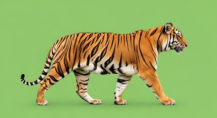 Obraz premium Majestic tiger strides gracefully, side view, bold stripes, orange and black fur, green backdrop