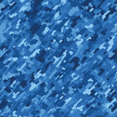 Blue Digital Camouflage Seamless Pattern. Abstract Modern Military Navy Camo Background. Tactical Marine Uniform Fabric Texture for Vector Print, Apparel Design, Web Wallpaper and Graphic Element.