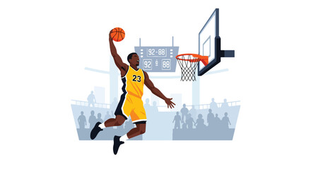 Modern vector illustration of basketball player performing powerful slam dunk in indoor arena, dynamic sports competition concept with clean flat design © Amie
