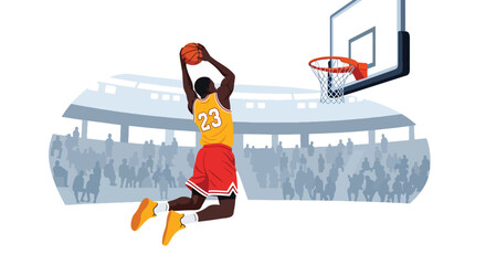 Modern vector illustration of basketball player performing powerful slam dunk in indoor arena, dynamic sports competition concept with clean flat design © Amie