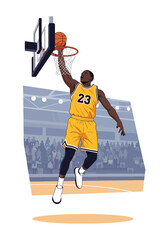 Modern vector illustration of basketball player performing powerful slam dunk in indoor arena, dynamic sports competition concept with clean flat design © Amie