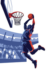 Modern vector illustration of basketball player performing powerful slam dunk in indoor arena, dynamic sports competition concept with clean flat design © Amie