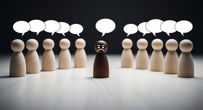 Wooden figure representing minority facing backlash from group with multiple blank speech bubbles overhead
