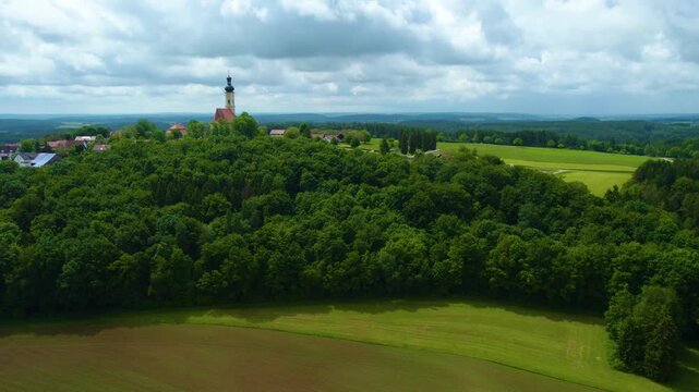 Aerial view of the church Wallfahrtskirche Heilige Dreifaltigkeit &ndash; Eichlberg (Hemau) in Germany, Bavaria on a sunny day day in Spring