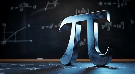 Metallic pi symbol on chalkboard with equations. Mathematical concept