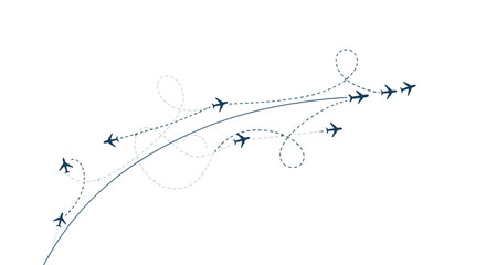 Graphic illustration of airplanes flying along diverse flight paths and trajectories, depicting air travel and navigation.