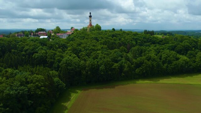 Aerial view of the church Wallfahrtskirche Heilige Dreifaltigkeit &ndash; Eichlberg (Hemau) in Germany, Bavaria on a sunny day day in Spring