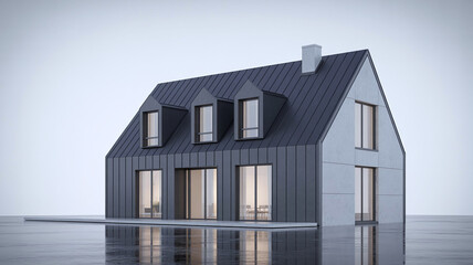 Obraz premium Minimalist house with black standing seam roofing, modern design, and large windows