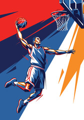 Explosive basketball player performing powerful slam dunk inside modern arena, bold dynamic sports poster style with dramatic lighting and energy streaks, perfect for championship event promotion © Amie