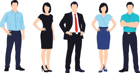 Obraz premium Diverse group of professional business people in formal office attire and smart casual wear, flat vector illustration for corporate team, leadership, and workplace diversity.