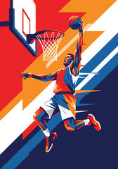 Explosive basketball player performing powerful slam dunk inside modern arena, bold dynamic sports poster style with dramatic lighting and energy streaks, perfect for championship event promotion © Amie