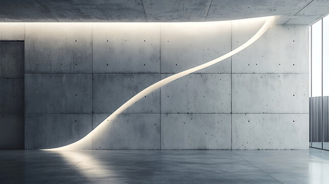 Modern concrete interior featuring a curved light installation.
