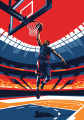 Explosive basketball player performing powerful slam dunk inside modern arena, bold dynamic sports poster style with dramatic lighting and energy streaks, perfect for championship event promotion © Amie