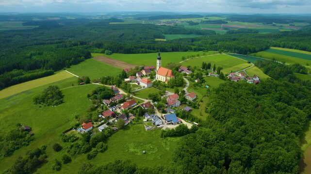 Aerial view of the church Wallfahrtskirche Heilige Dreifaltigkeit &ndash; Eichlberg (Hemau) in Germany, Bavaria on a sunny day day in Spring