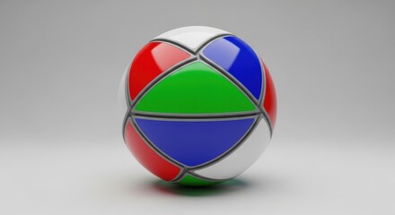 Naklejka premium A colorful geometric soccer ball with distinct red, blue, green, and white panels.