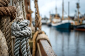 Close-up of Nautical Ropes and Knot Aboard a Vessel in Harbor