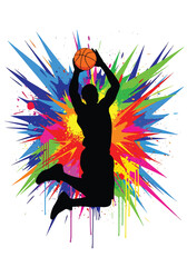 Dynamic basketball player slam dunk with vibrant paint explosion background, bold modern sports poster illustration perfect for tournament promotion, team branding and athletic campaigns © Amie