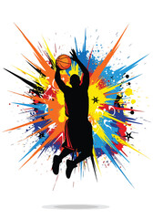 Dynamic basketball player slam dunk with vibrant paint explosion background, bold modern sports poster illustration perfect for tournament promotion, team branding and athletic campaigns © Amie