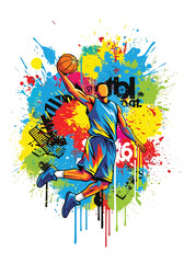 Dynamic basketball player slam dunk with vibrant paint explosion background, bold modern sports poster illustration perfect for tournament promotion, team branding and athletic campaigns © Amie