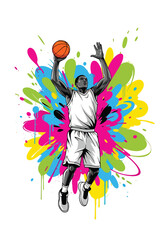 Dynamic basketball player slam dunk with vibrant paint explosion background, bold modern sports poster illustration perfect for tournament promotion, team branding and athletic campaigns © Amie