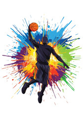 Dynamic basketball player slam dunk with vibrant paint explosion background, bold modern sports poster illustration perfect for tournament promotion, team branding and athletic campaigns © Amie