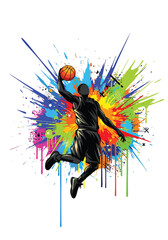 Dynamic basketball player slam dunk with vibrant paint explosion background, bold modern sports poster illustration perfect for tournament promotion, team branding and athletic campaigns © Amie