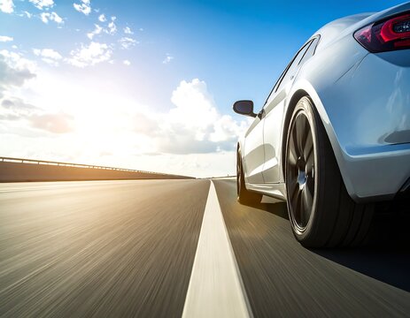 Silver Car Speeding on Highway Under Bright Sky.