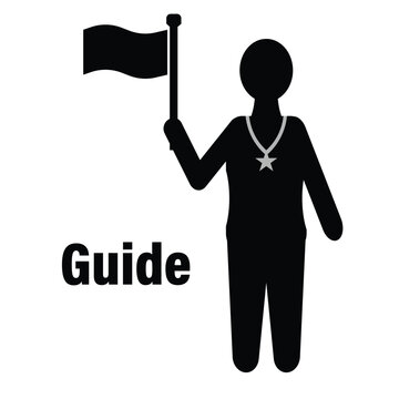 Professional Tour Guide Silhouette Wearing Blue Sweater and Backpack Holding a Guider Flag Isolated on White Background