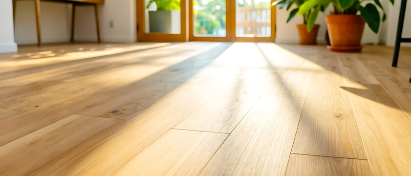 Warm sunlight streams across a modern wood plank floor, creating long shadows and highlighting the texture