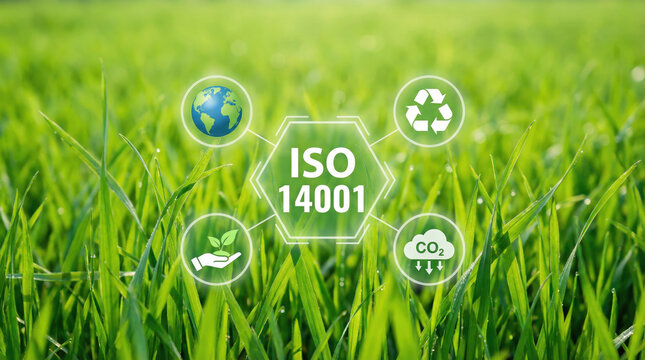 A green grass field with ISO 14001 environmental management icons
