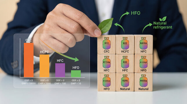 A businessman holding a green leaf and a block with a graph showing refrigerant transition from HCFC to HFO
