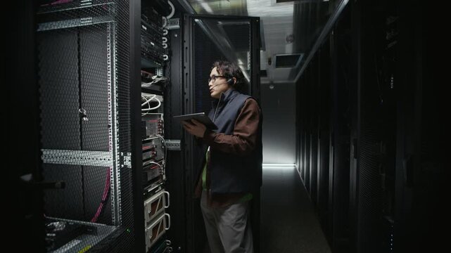 Dolly in slowmo shot of data center engineer maintaining server rack hardware, connecting cables and inspecting ports while reviewing on tablet and wearing headset for communication