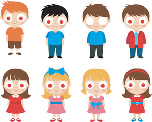Cute kids character set, flat vector illustration of diverse boys and girls, children avatars, school students icons, cartoon person collection, people.