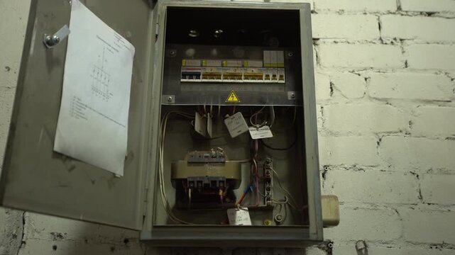 The electrical control panel sits open in a basement. Various wires and connections are visible. A technician inspects the system for safety and maintenance.